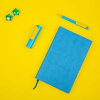 Набор COLORSPRING: аккумулятор, ручка, бизнес-блокнот, коробка со стружкой, голубой/желтый